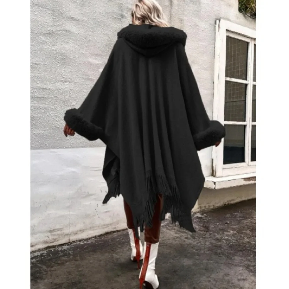 Cozy vegan fur dolman sleeve tssel poncho shawl scarf wrap cardigan - Picture 12 of 16